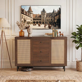 Sideboard Buffet Cabinet Rustic Farmhouse Coffee Bar Table with 2 Rattan Doors and 3 Drawers