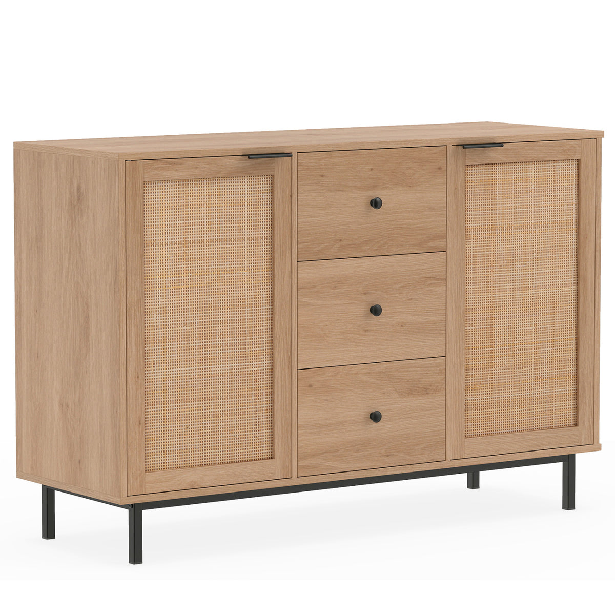 Sideboard Buffet Cabinet Rustic Farmhouse Coffee Bar Table with 2 Rattan Doors and 3 Drawers