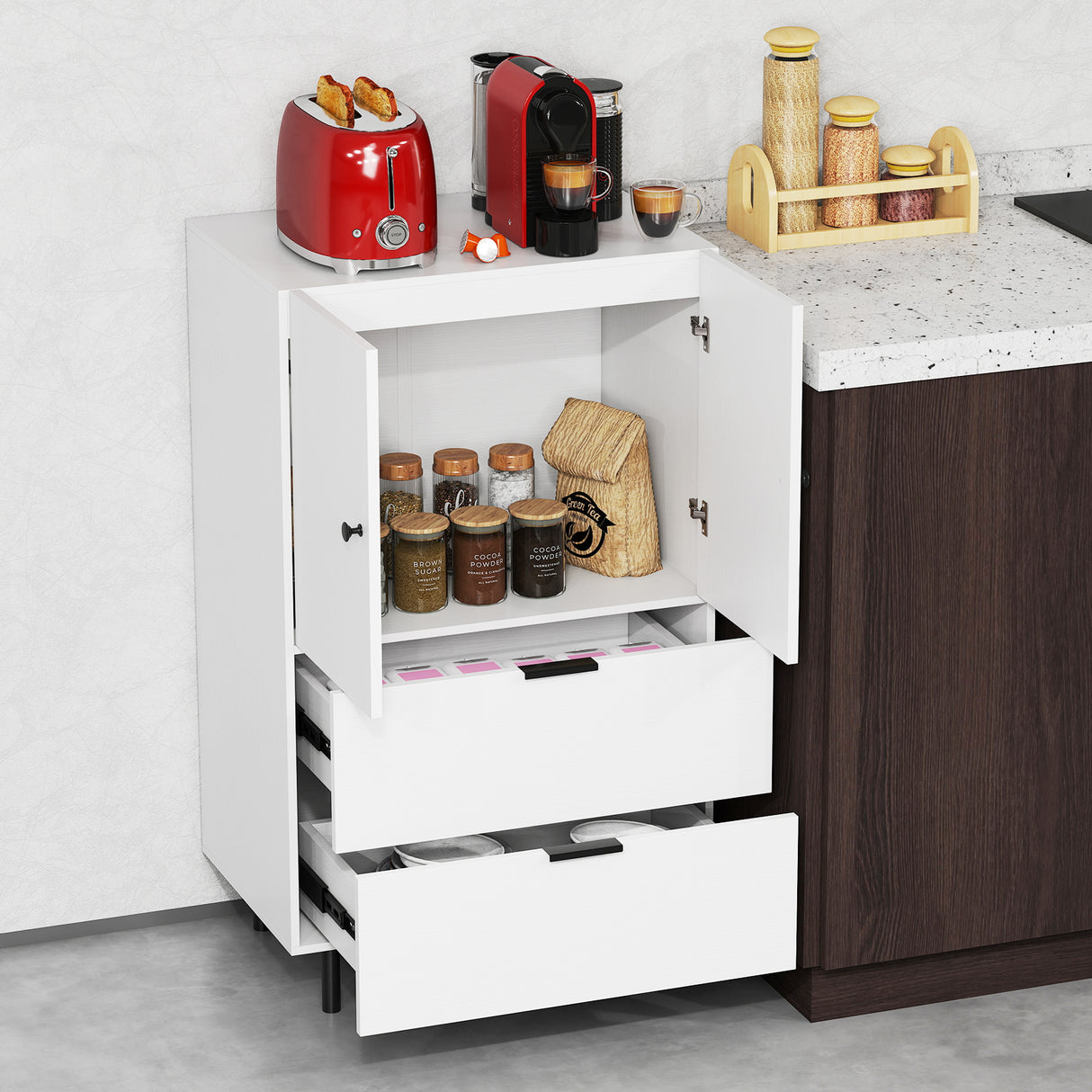 Sideboard Buffet Cabinet 2-Door Serving Cupboard with Drawers-White