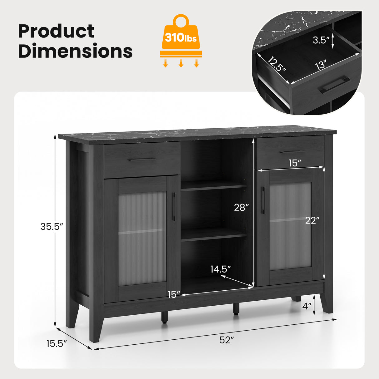 Sideboard Buffet Cabinet with 2 Drawers and 4 Adjustable Shelves