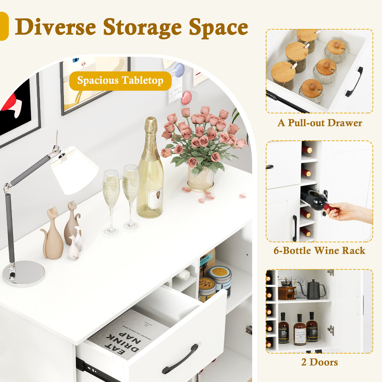 2-Door Buffet Sideboard with 6-Bottle Wine Rack Drawer