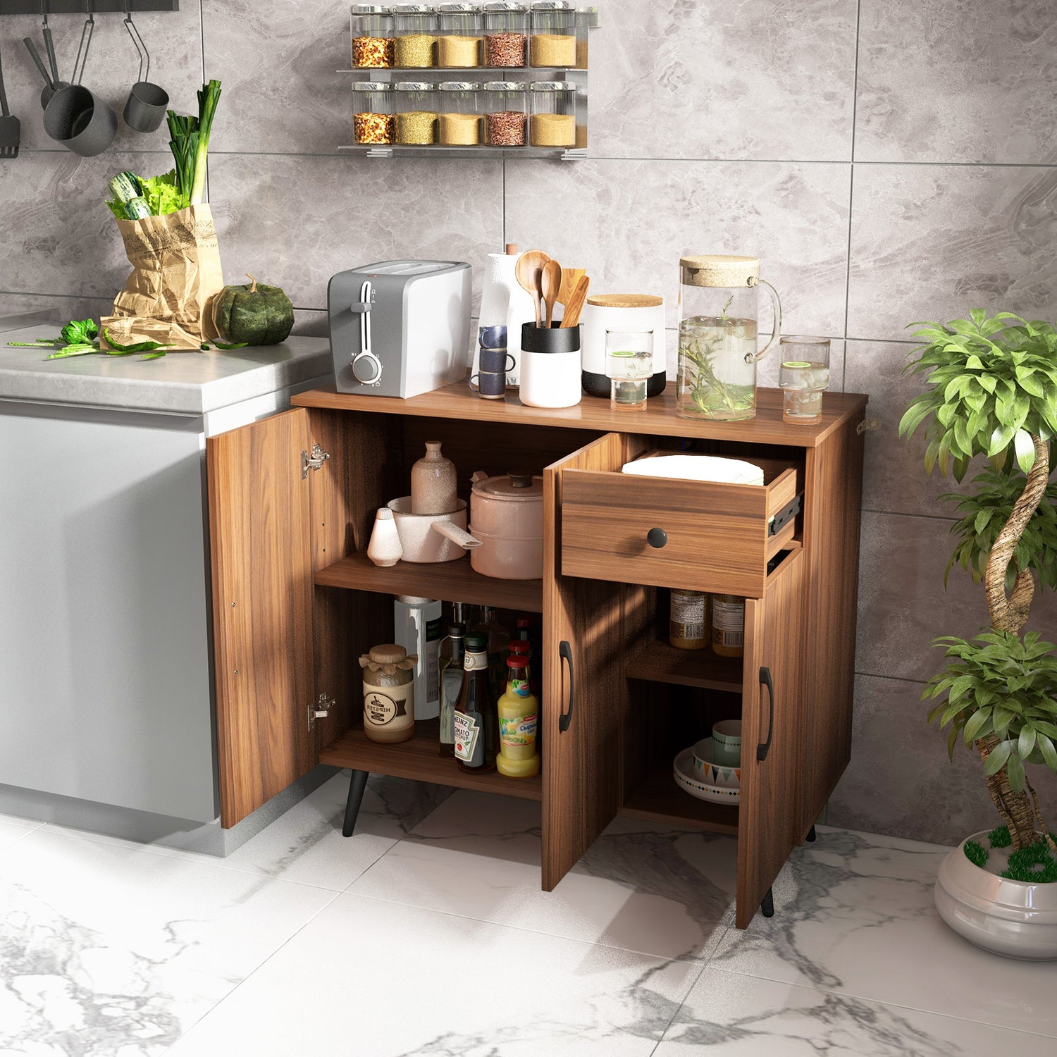 Sideboard Cabinet with 3 Doors and Pull out Drawer Adjustable Shelves-Walnut