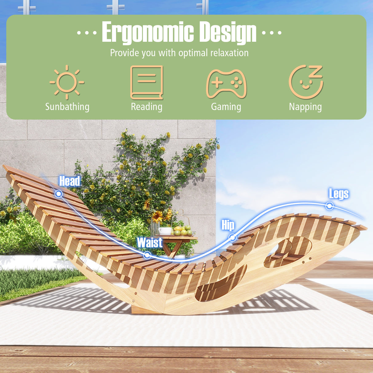 Slatted Acacia 2-Seat Patio Dual Rocker Sunbed Wood Lounger with Ergonomic Curved Seat