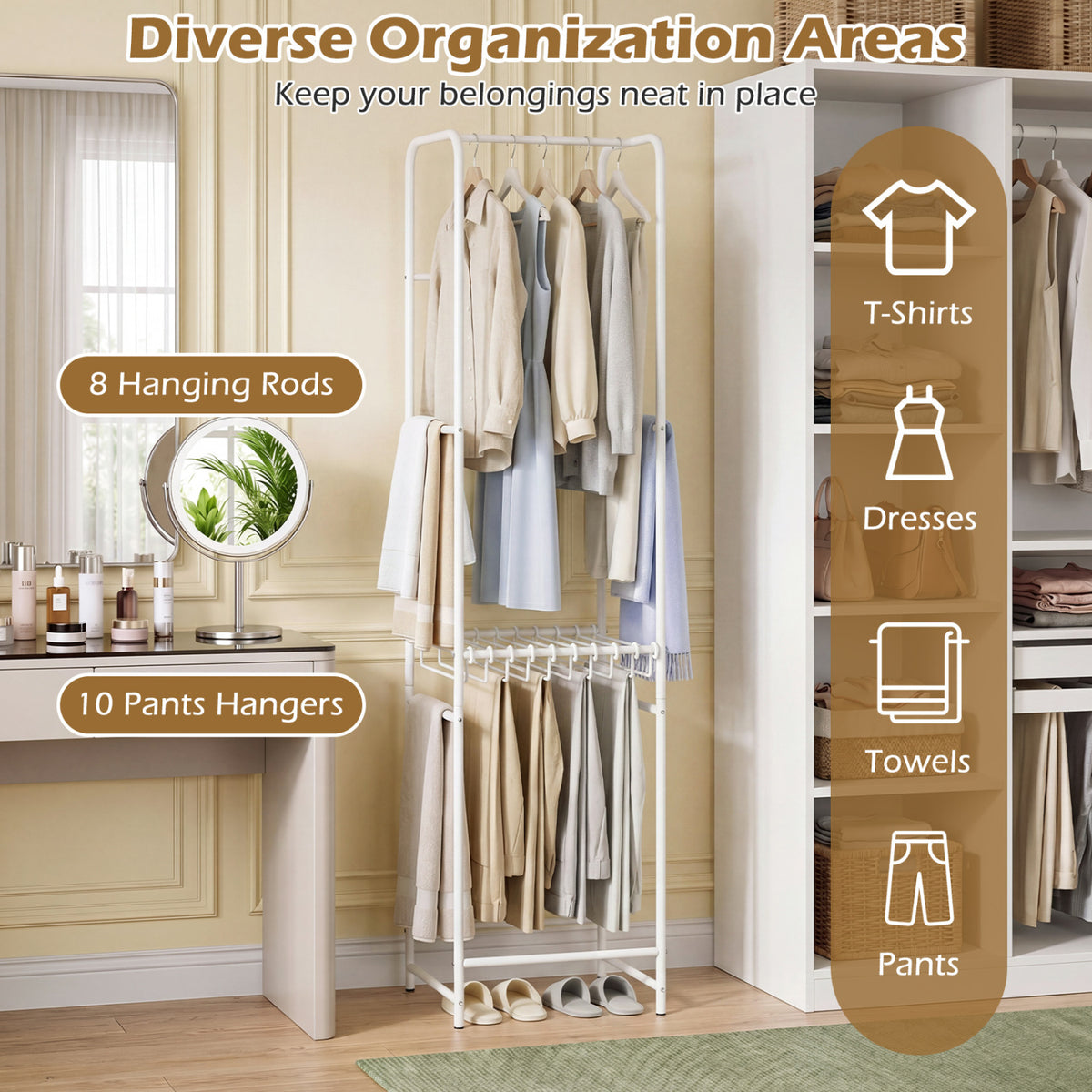 Slim Coat Rack Freestanding Garment Organizer with 8 Hanging Rods
