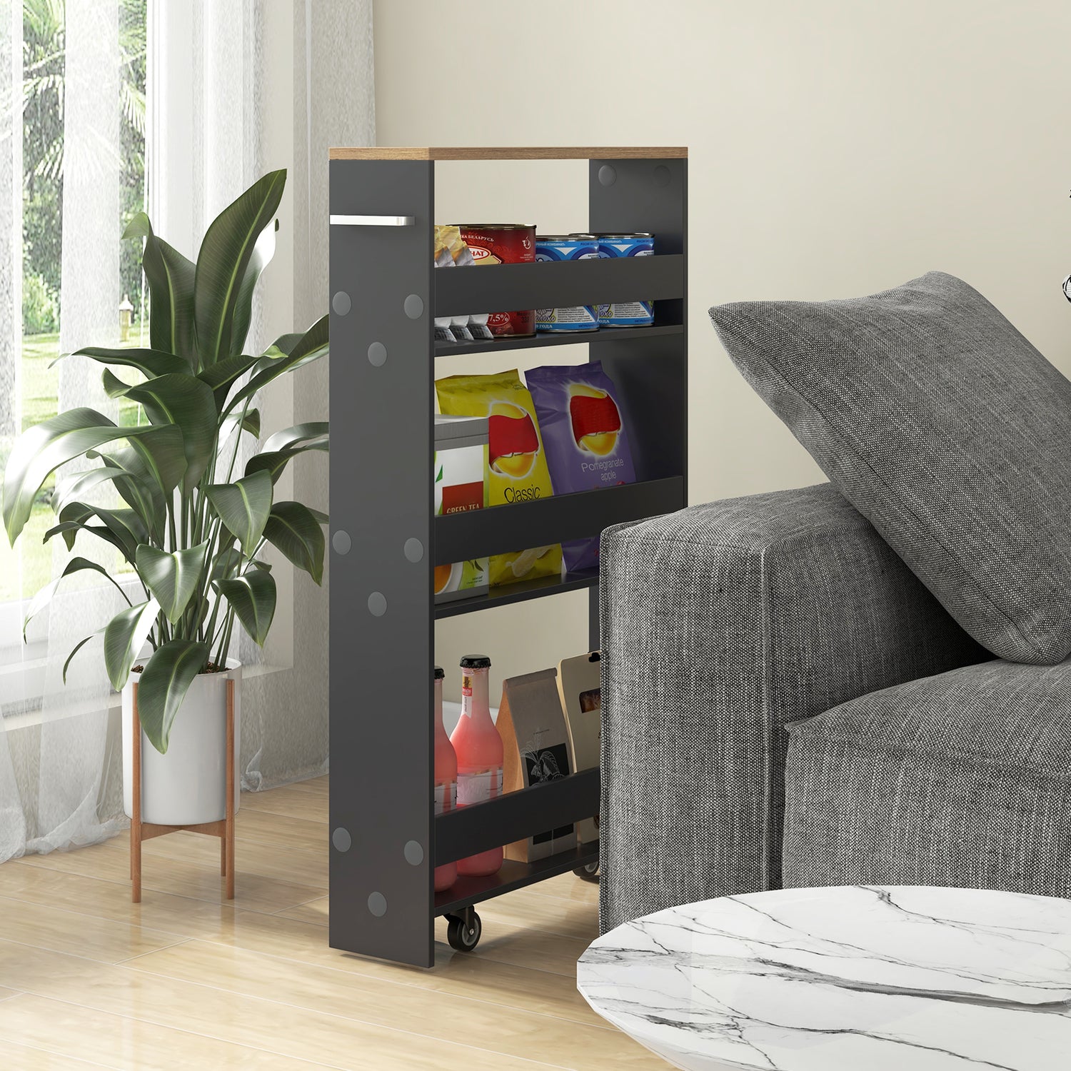 Narrow Mobile Serving Cart with Open Shelves for Kitchen Bathroom Living Room
