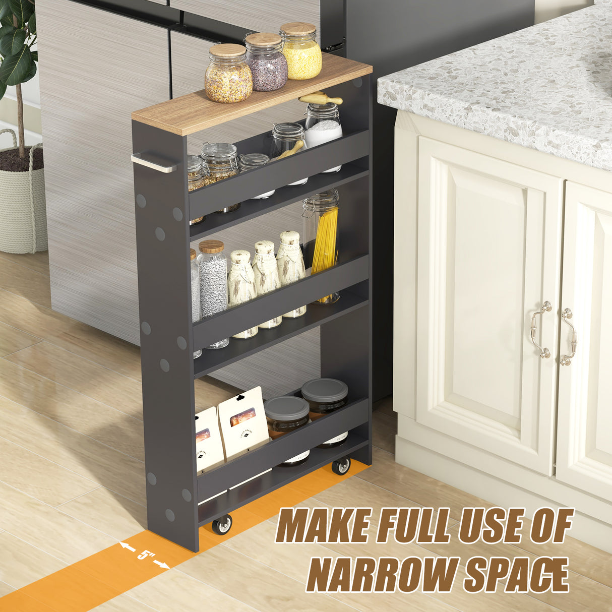 Narrow Mobile Serving Cart with Open Shelves for Kitchen Bathroom Living Room