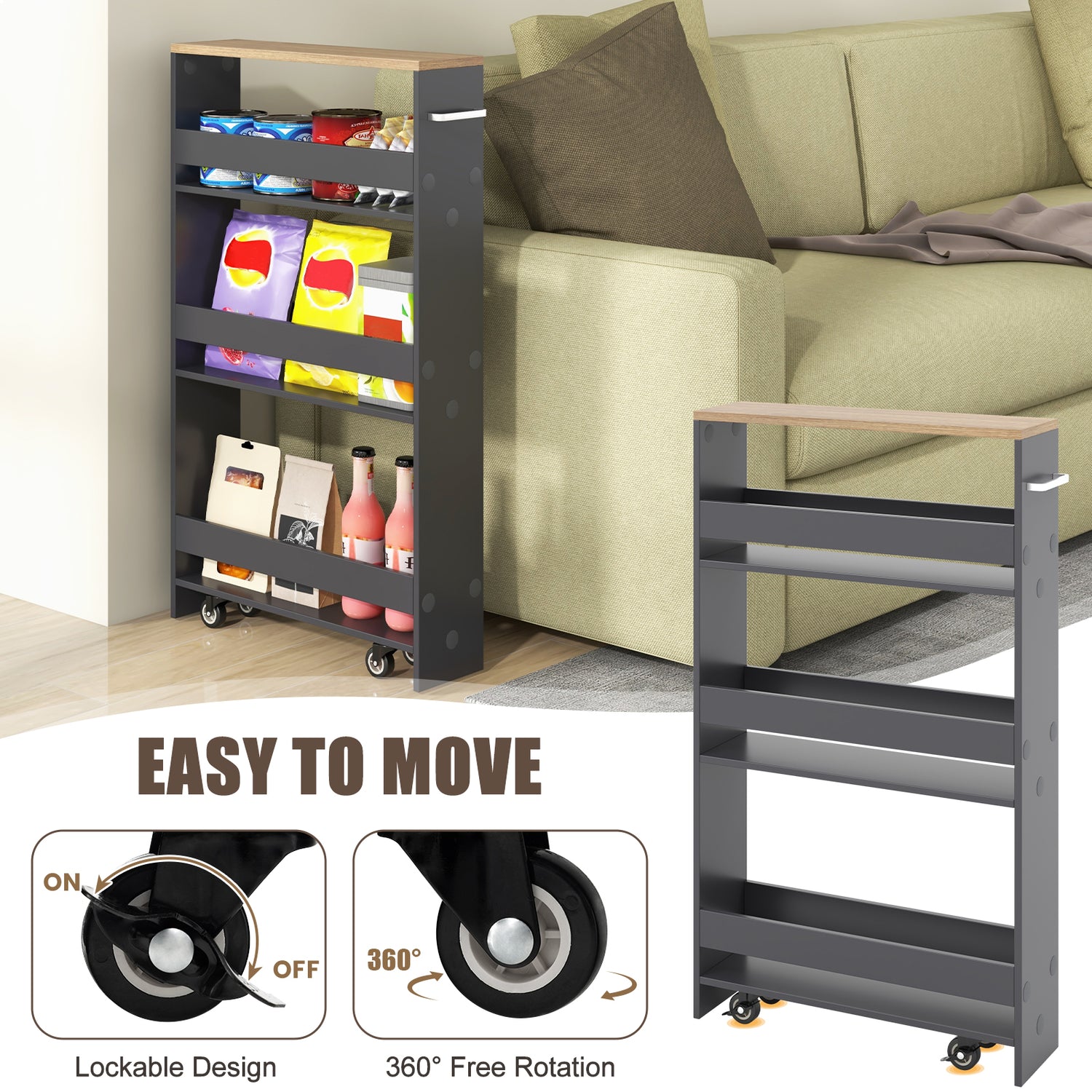 Narrow Mobile Serving Cart with Open Shelves for Kitchen Bathroom Living Room