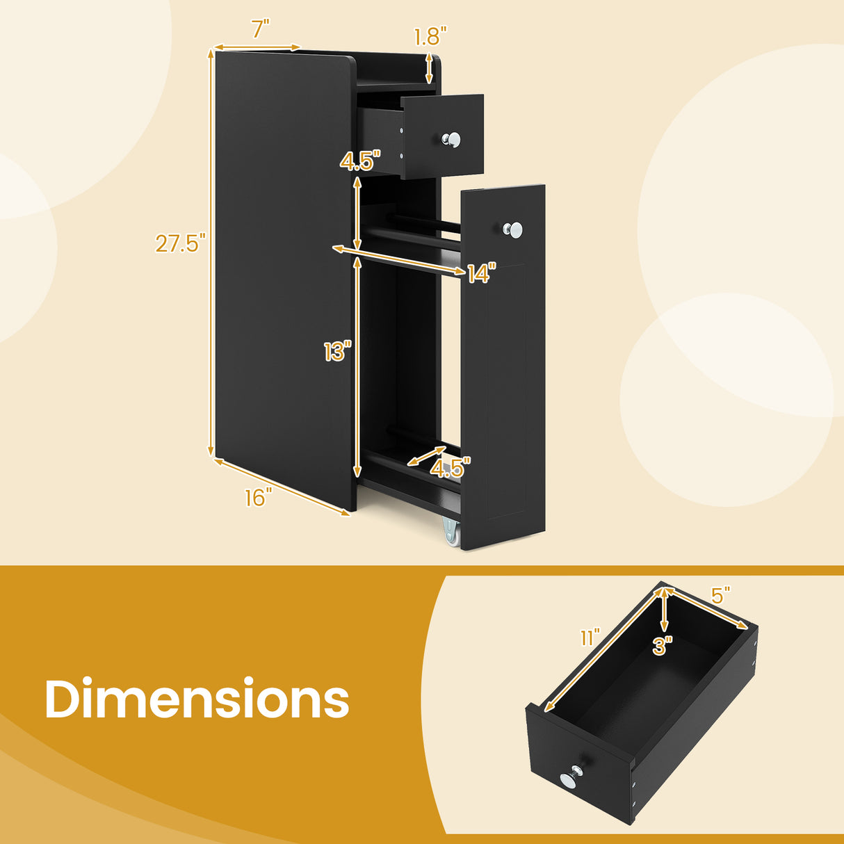 Small Bathroom Storage Cabinet 4-Tier Narrow Toilet Side Storage Cabinet with Slide Out Drawers on Casters