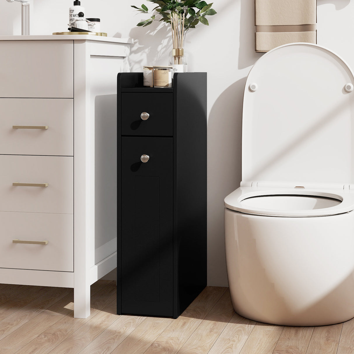 Small Bathroom Storage Cabinet 4-Tier Narrow Toilet Side Storage Cabinet with Slide Out Drawers on Casters
