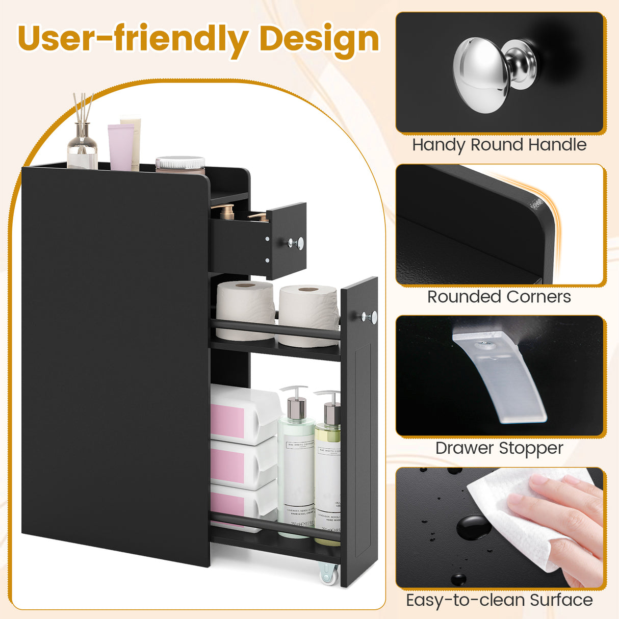 Small Bathroom Storage Cabinet 4-Tier Narrow Toilet Side Storage Cabinet with Slide Out Drawers on Casters