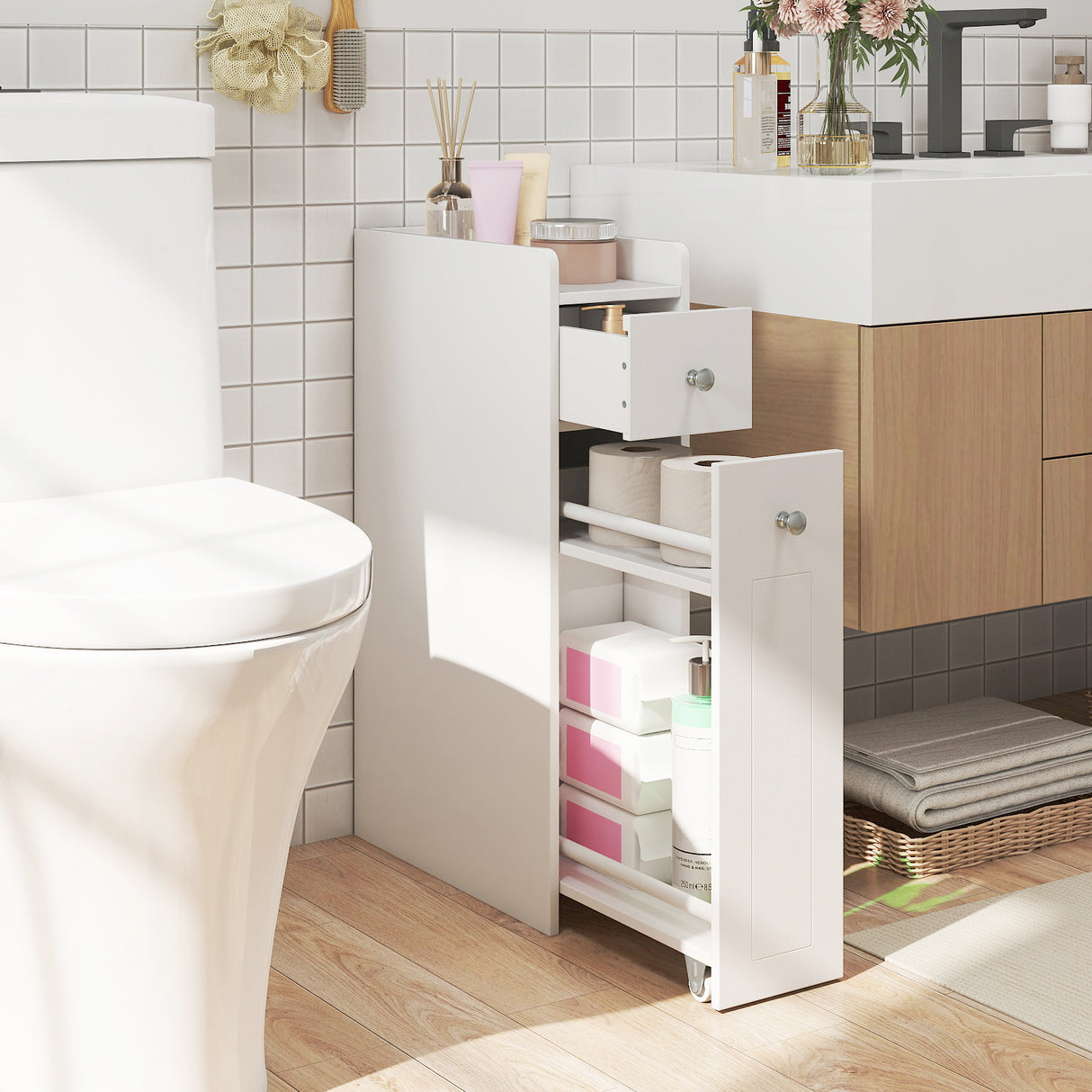 Small Bathroom Storage Cabinet 4-Tier Narrow Toilet Side Storage Cabinet with Slide Out Drawers on Casters