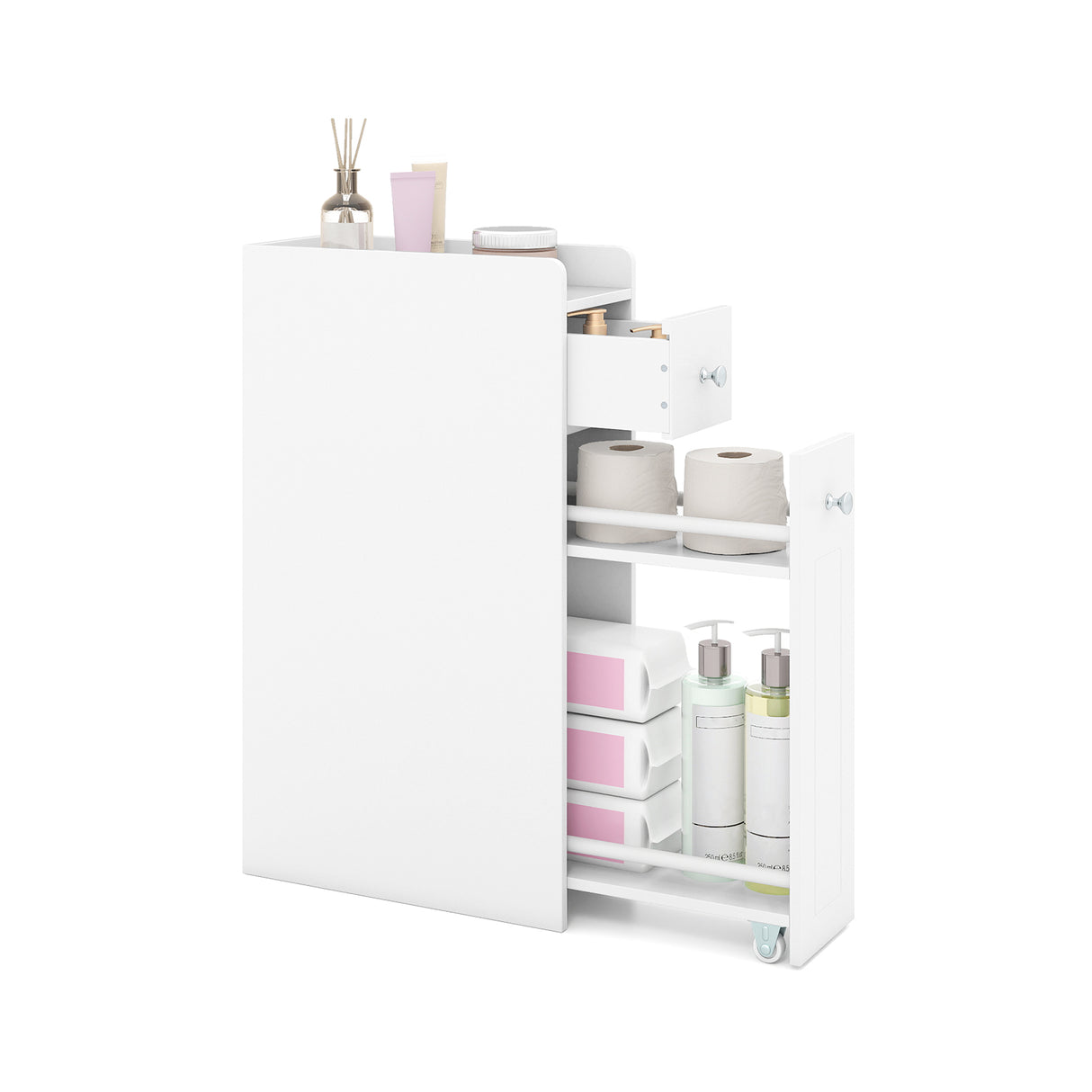 Small Bathroom Storage Cabinet 4-Tier Narrow Toilet Side Storage Cabinet with Slide Out Drawers on Casters