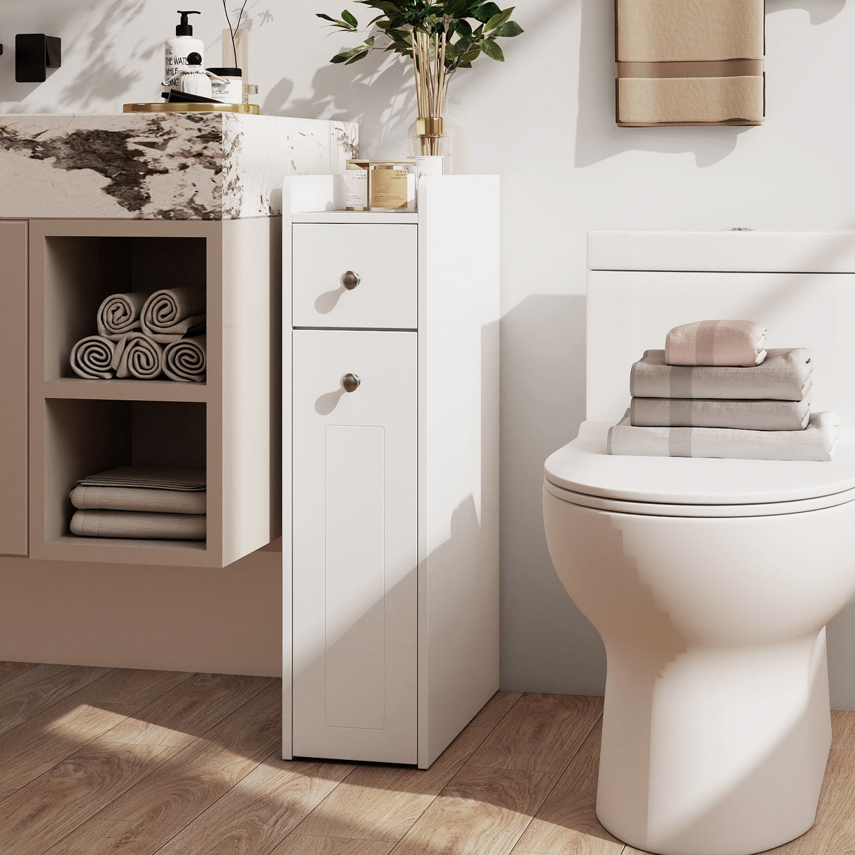 Small Bathroom Storage Cabinet 4-Tier Narrow Toilet Side Storage Cabinet with Slide Out Drawers on Casters