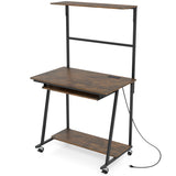 Small Computer Desk with Charging Station and LED Lights and Wheels-Rustic Brown