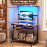 Small Computer Desk with Charging Station and LED Lights and Wheels-Rustic Brown