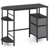 Small Computer Desk with Half-moon Side Shelves and Folding Fabric Drawers