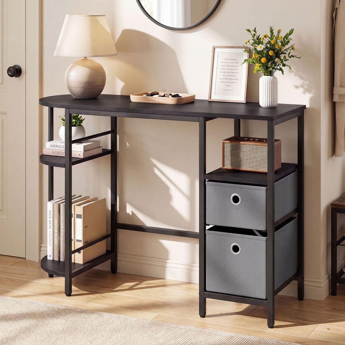 Small Computer Desk with Half-moon Side Shelves and Folding Fabric Drawers