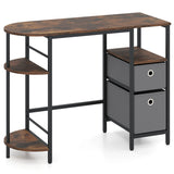 Small Computer Desk with Half-moon Side Shelves and Folding Fabric Drawers