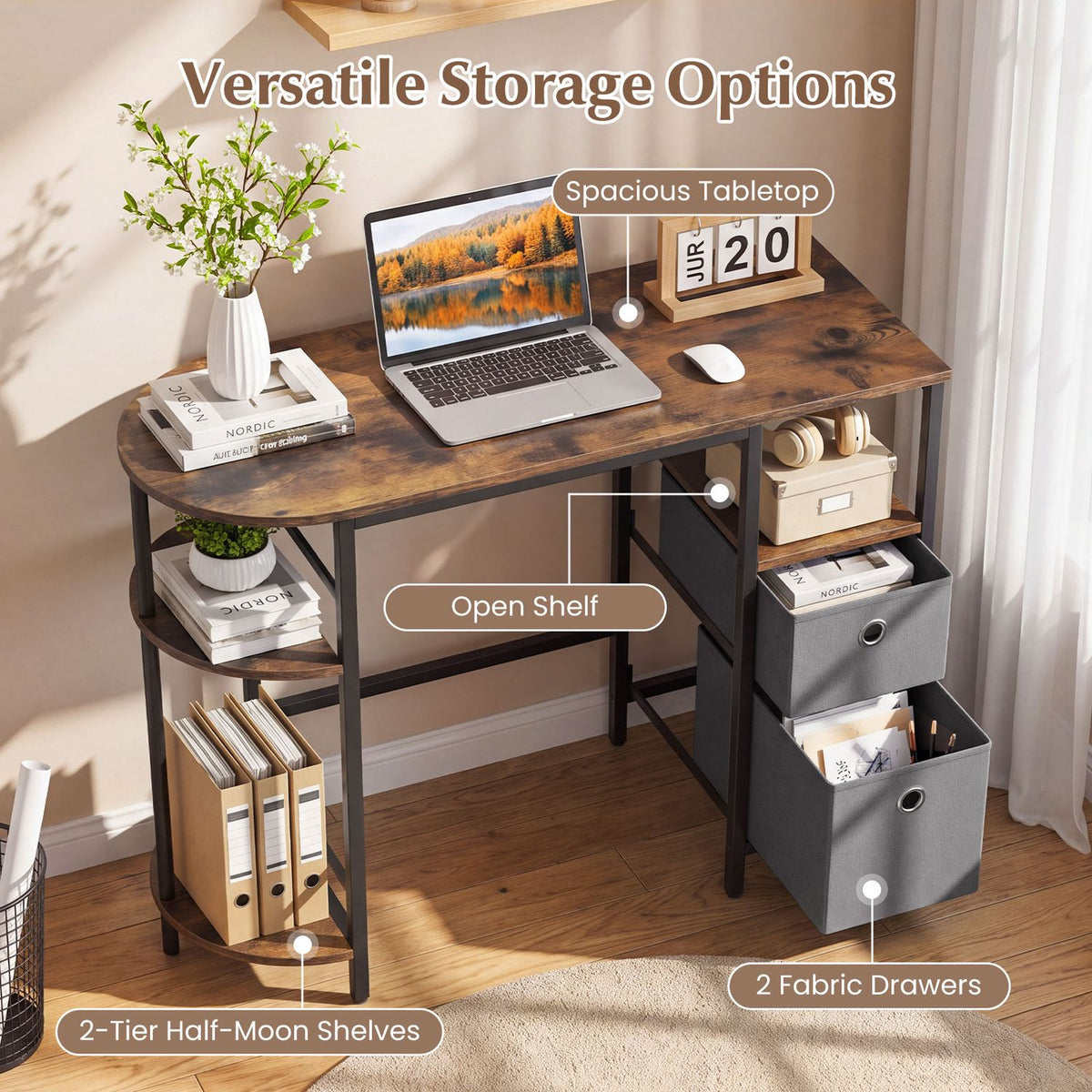 Small Computer Desk with Half-moon Side Shelves and Folding Fabric Drawers