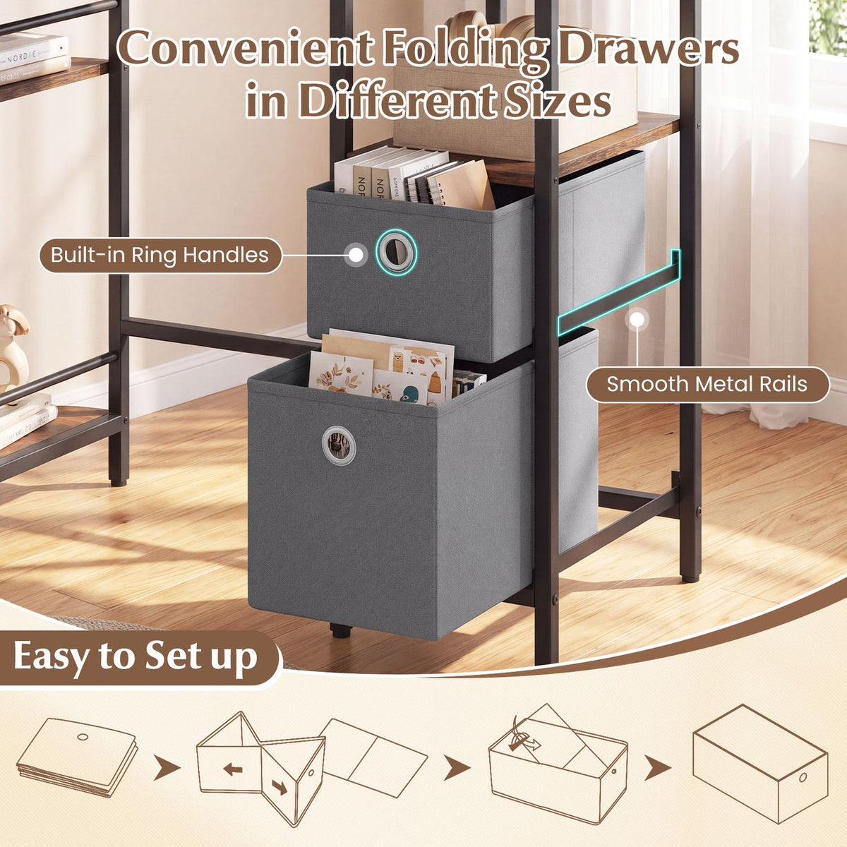 Small Computer Desk with Half-moon Side Shelves and Folding Fabric Drawers