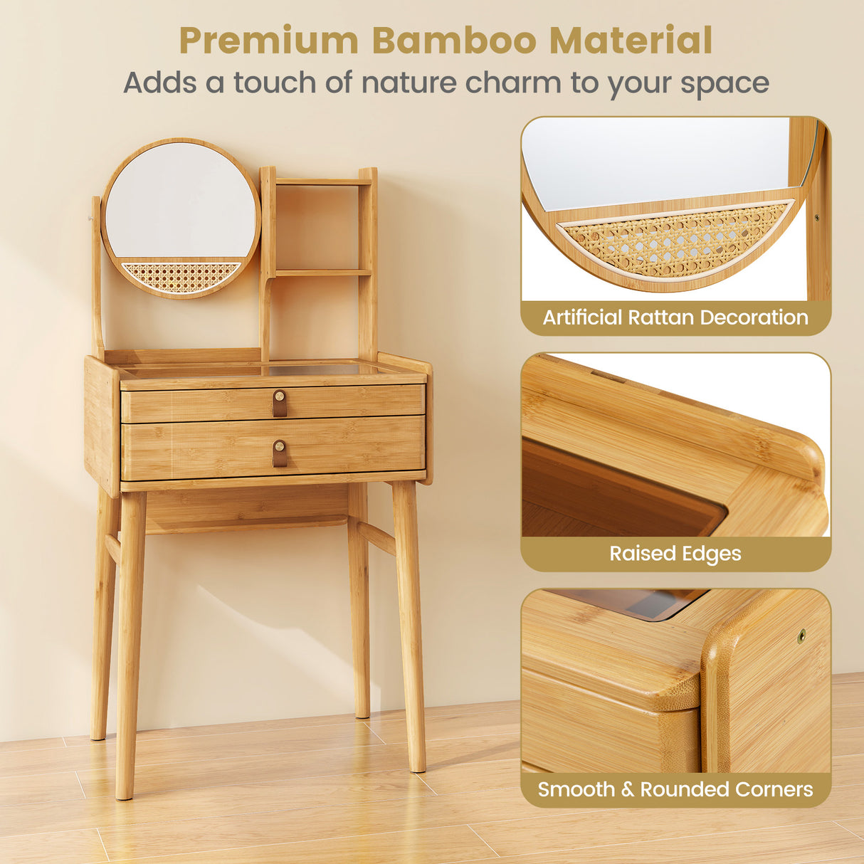 Small Vanity Desk 23.5 Inch Compact Makeup Table with Mirror-Natural
