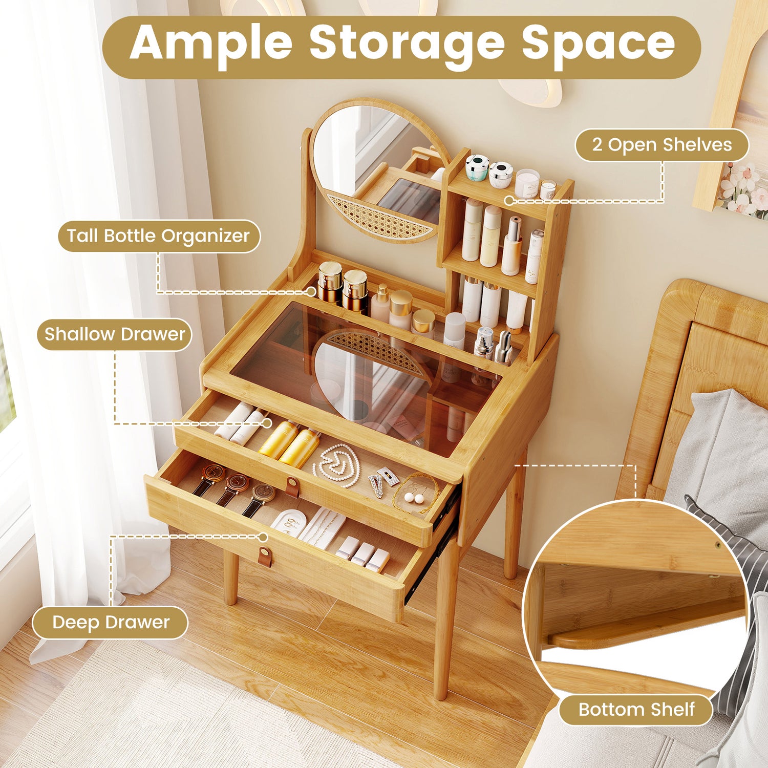 Small Vanity Desk and Stool Set with Mirror and 2 Drawers