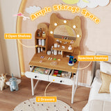 Small Vanity Desk with Mirror and Lights Cute Kitty Makeup Table with Power Outlets-Natural