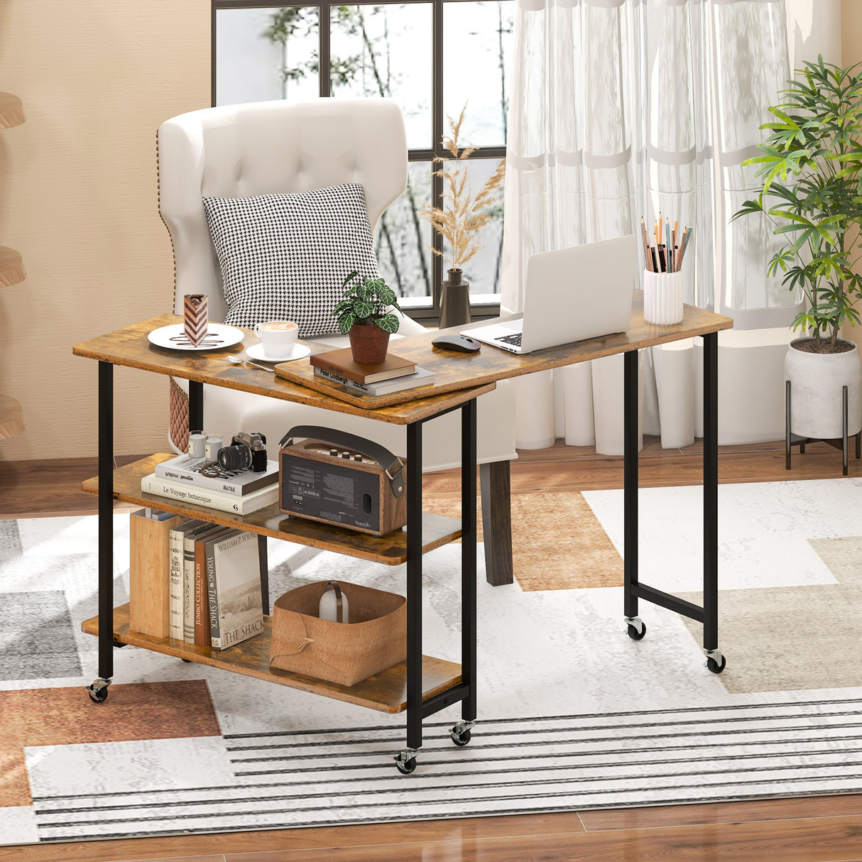 360Â° Rotating Sofa Side Table with 2-Tier Storage Shelves