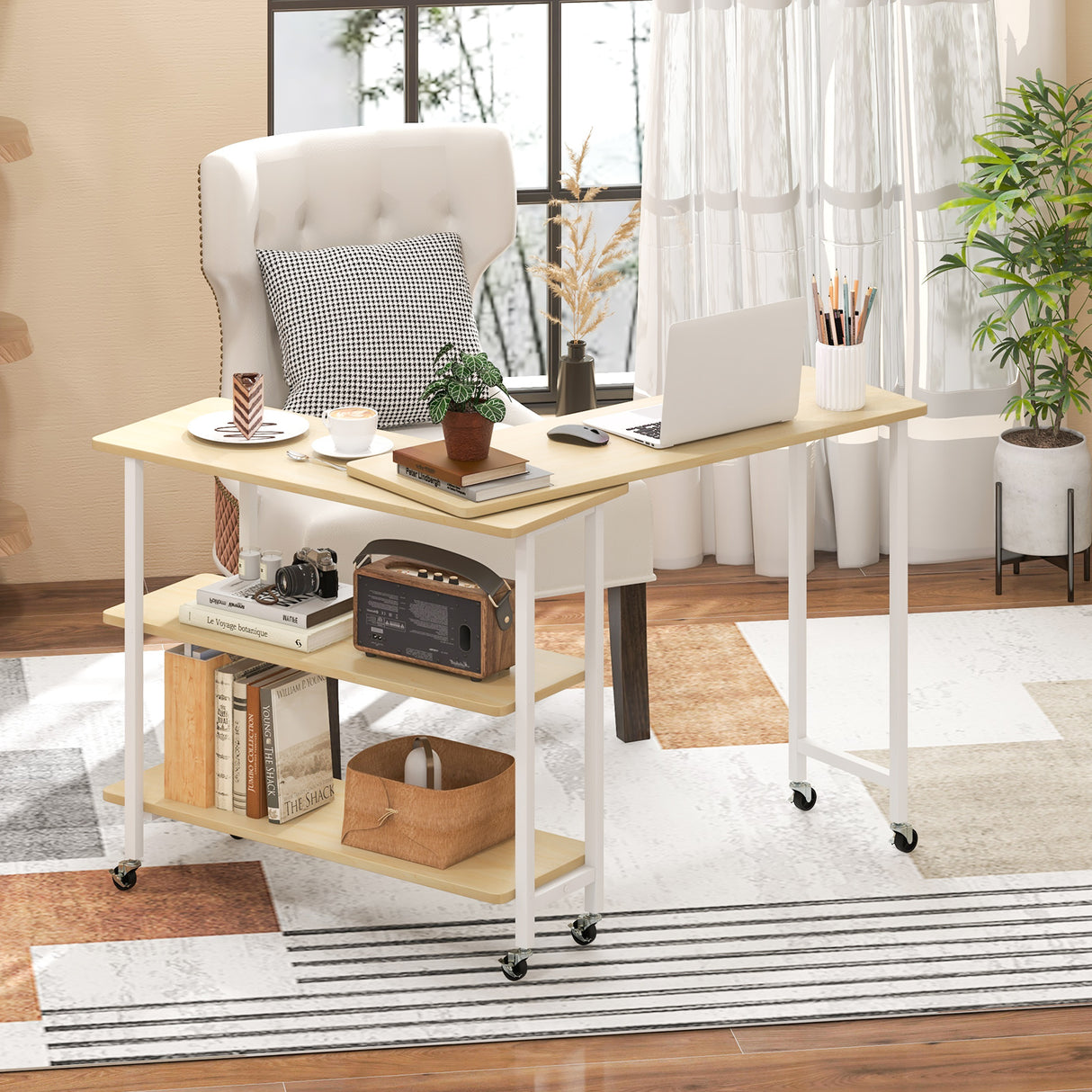 360Â° Rotating Sofa Side Table with 2-Tier Storage Shelves