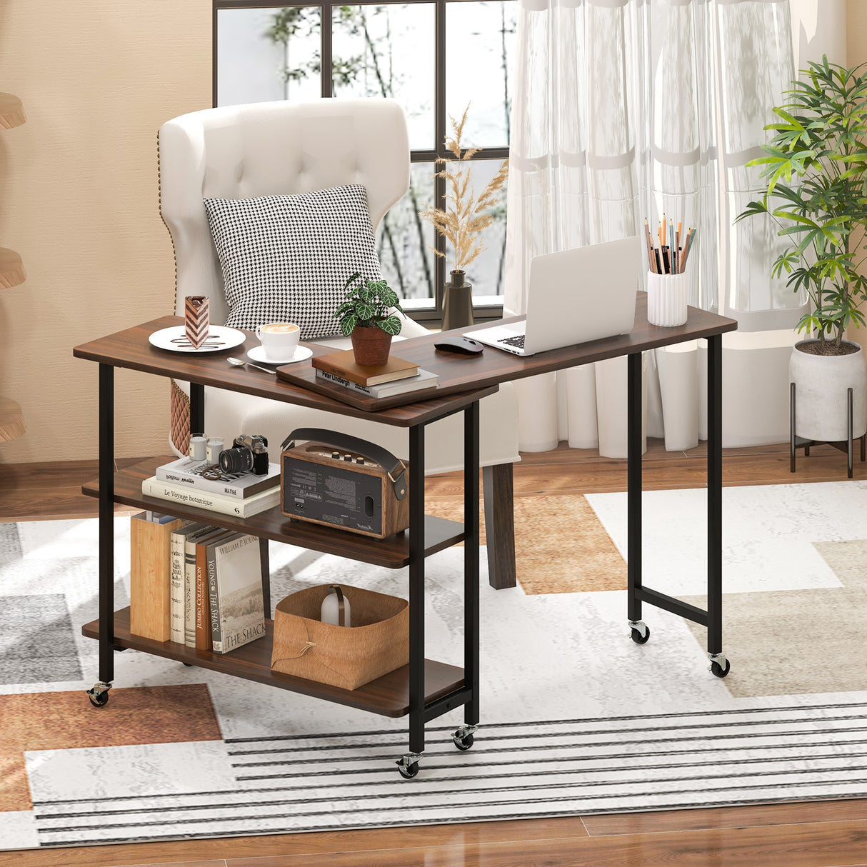 360Â° Rotating Sofa Side Table with 2-Tier Storage Shelves