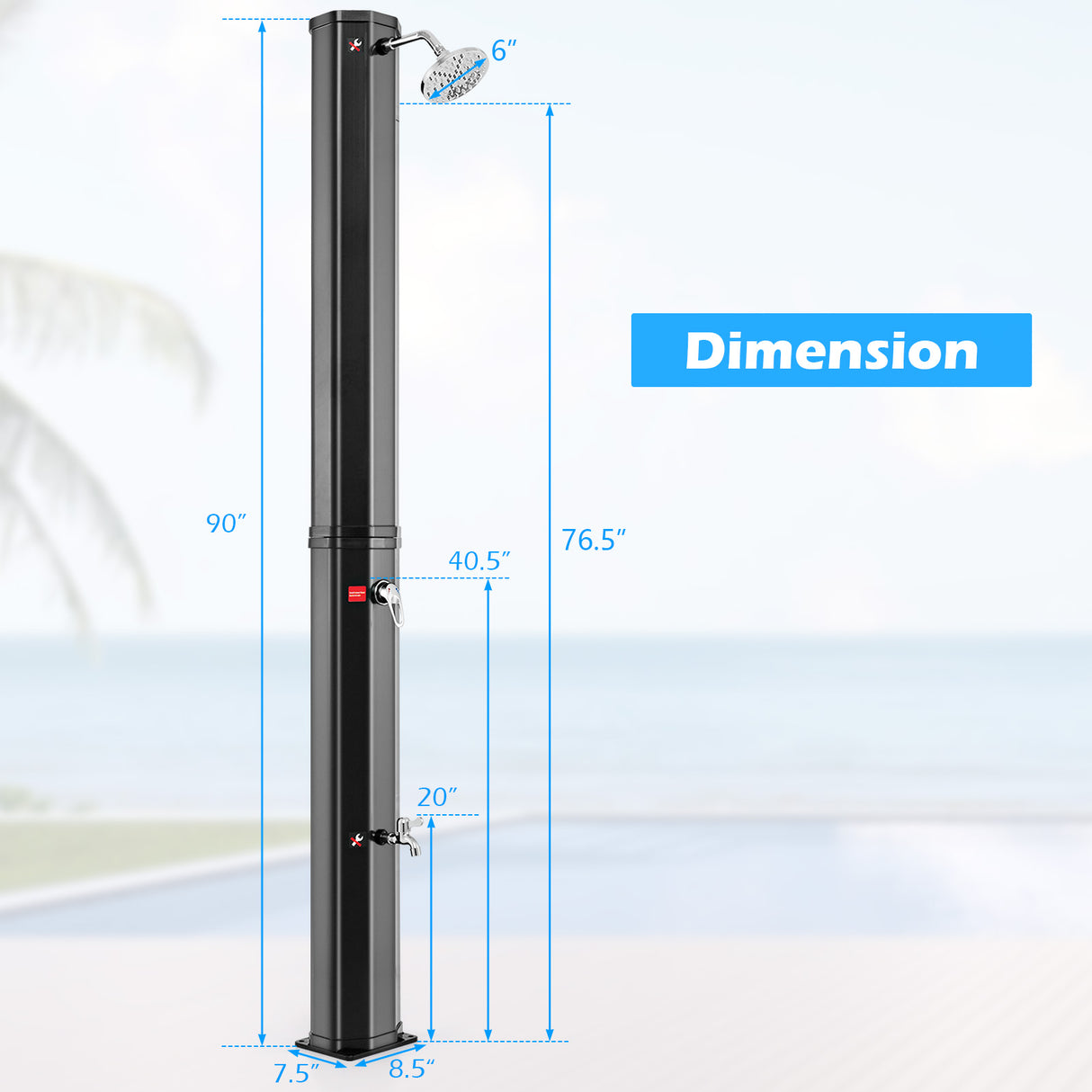 7.5 Feet 15.9 Gallon Solar Heated Outdoor Shower with Shower Head-Black