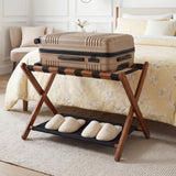 Solid Rubberwood Folding Luggage Rack with Nylon Shelves