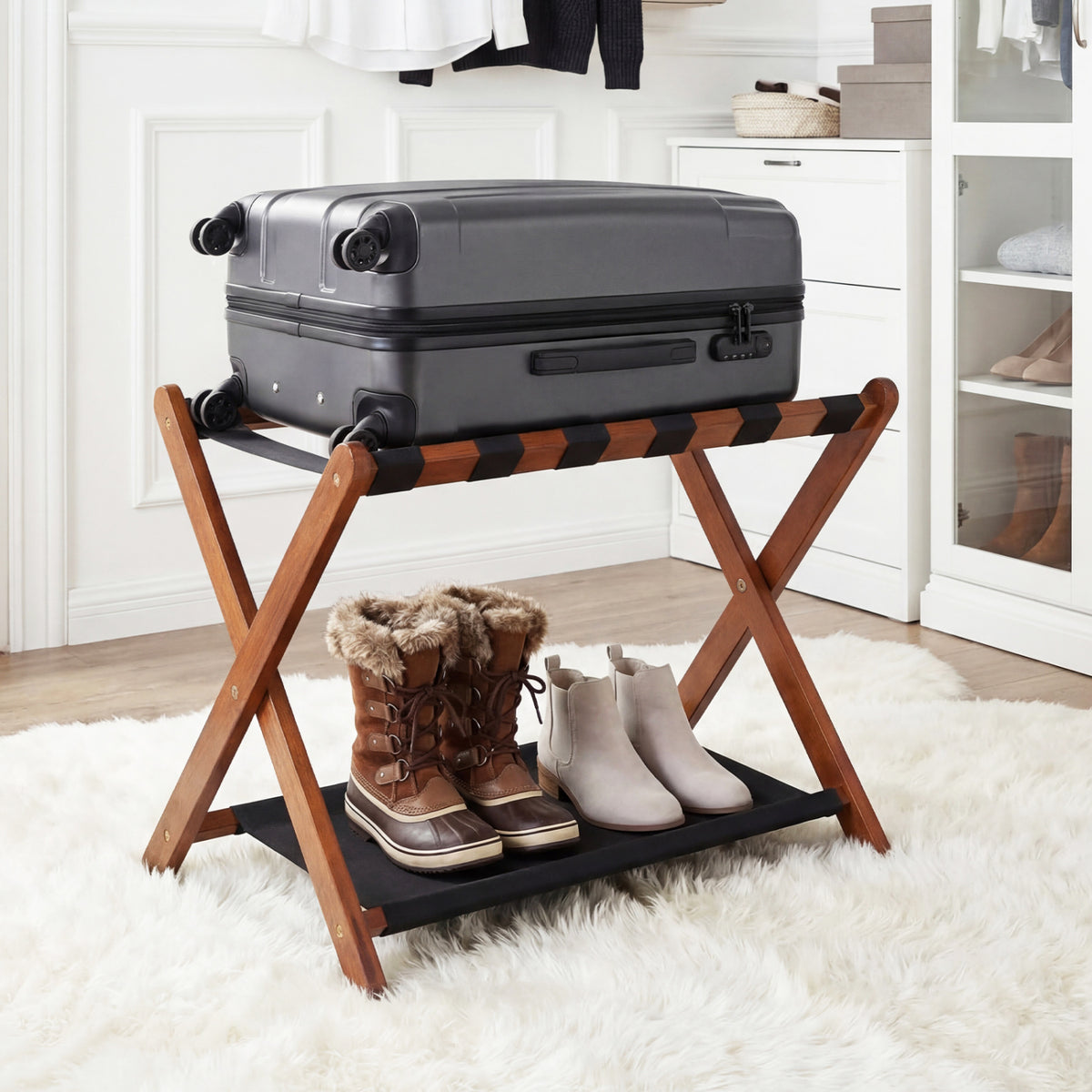 Solid Rubberwood Folding Luggage Rack with Nylon Shelves