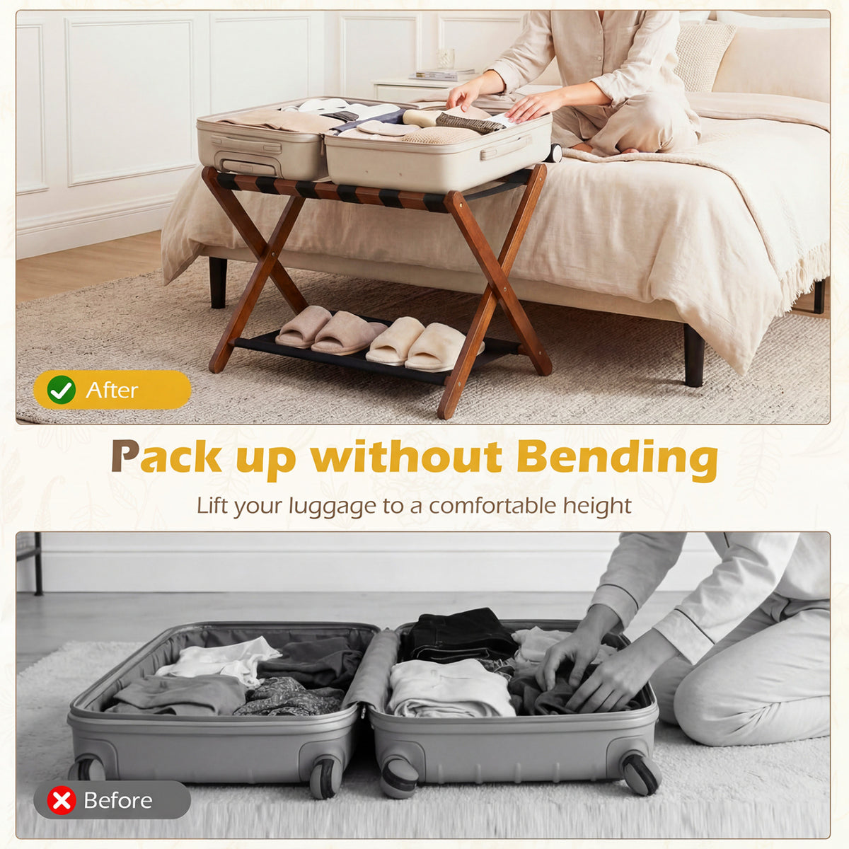 Solid Rubberwood Folding Luggage Rack with Nylon Shelves