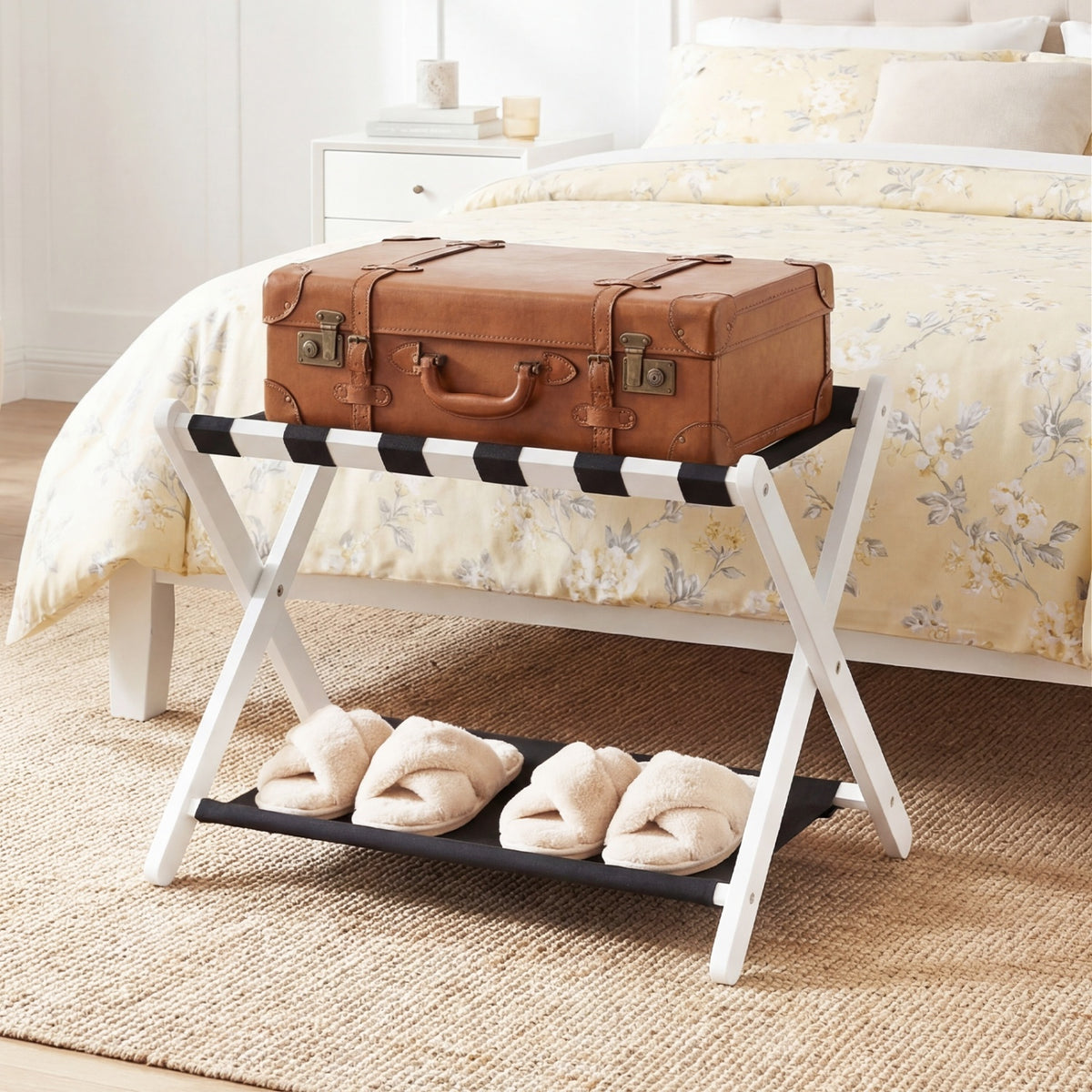 Solid Rubberwood Folding Luggage Rack with Nylon Shelves