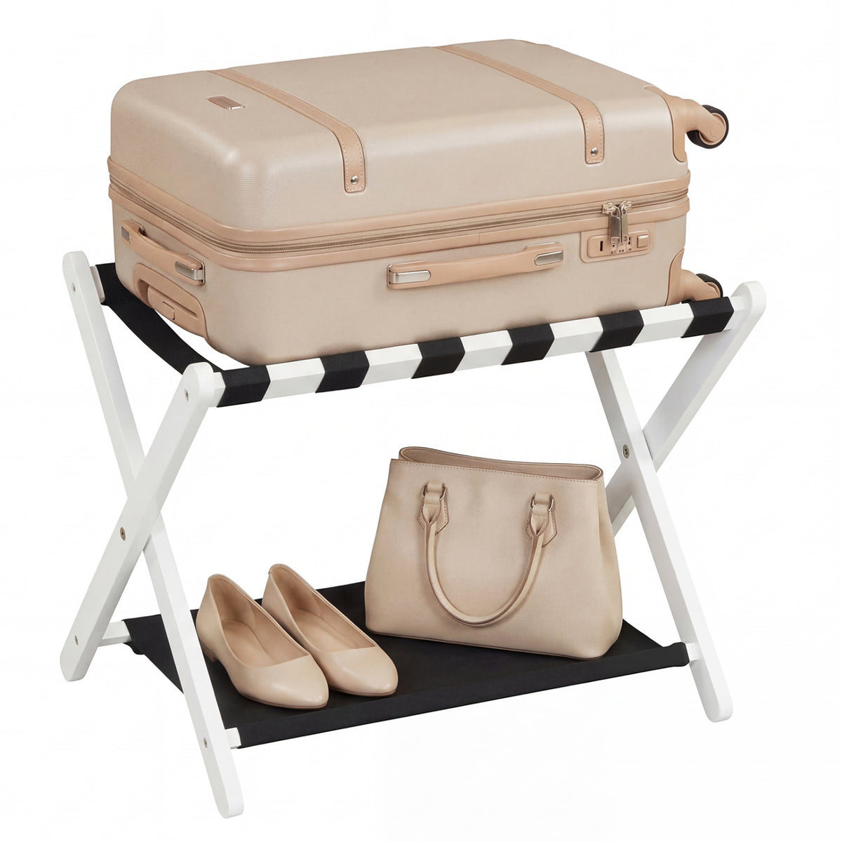 Solid Rubberwood Folding Luggage Rack with Nylon Shelves