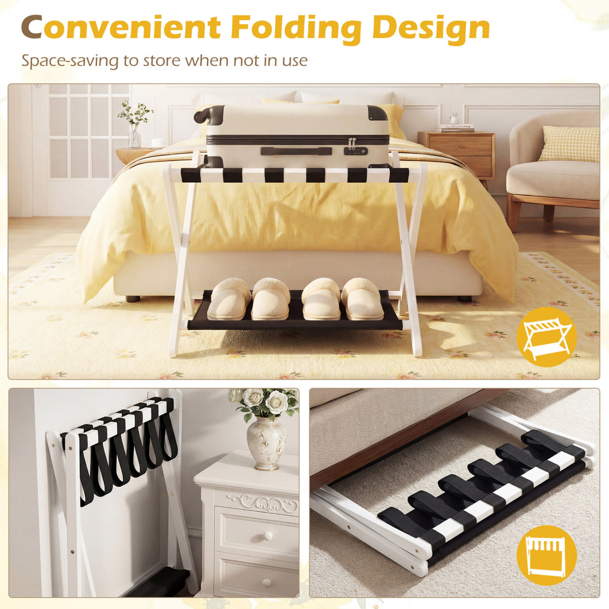 Solid Rubberwood Folding Luggage Rack with Nylon Shelves