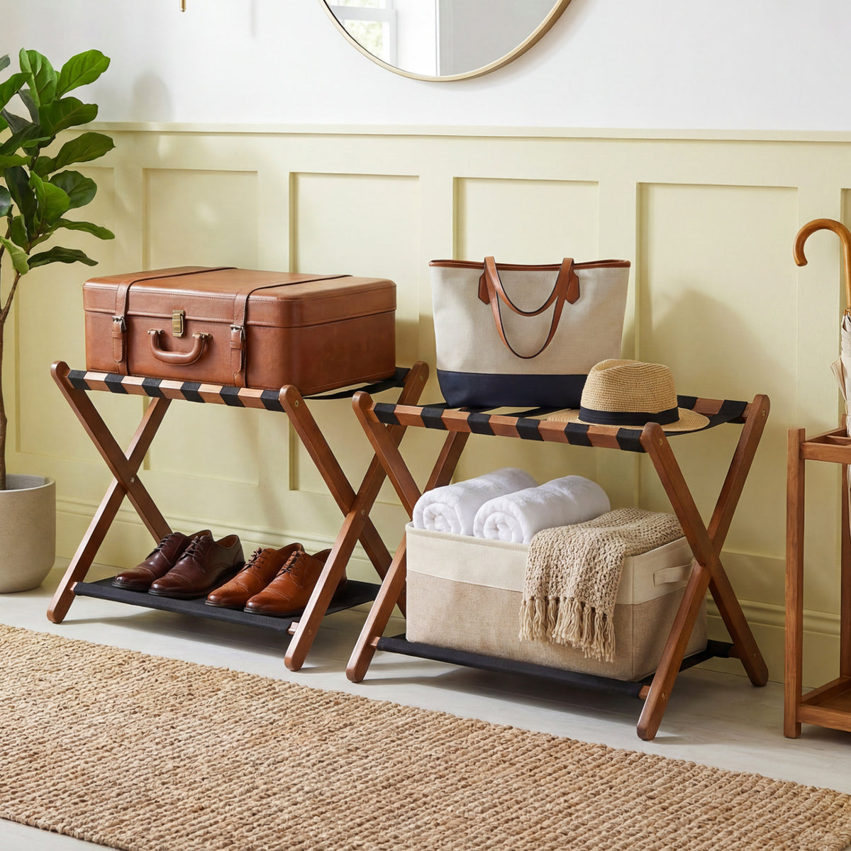 Solid Rubberwood Folding Luggage Rack with Nylon Shelves Set of 2