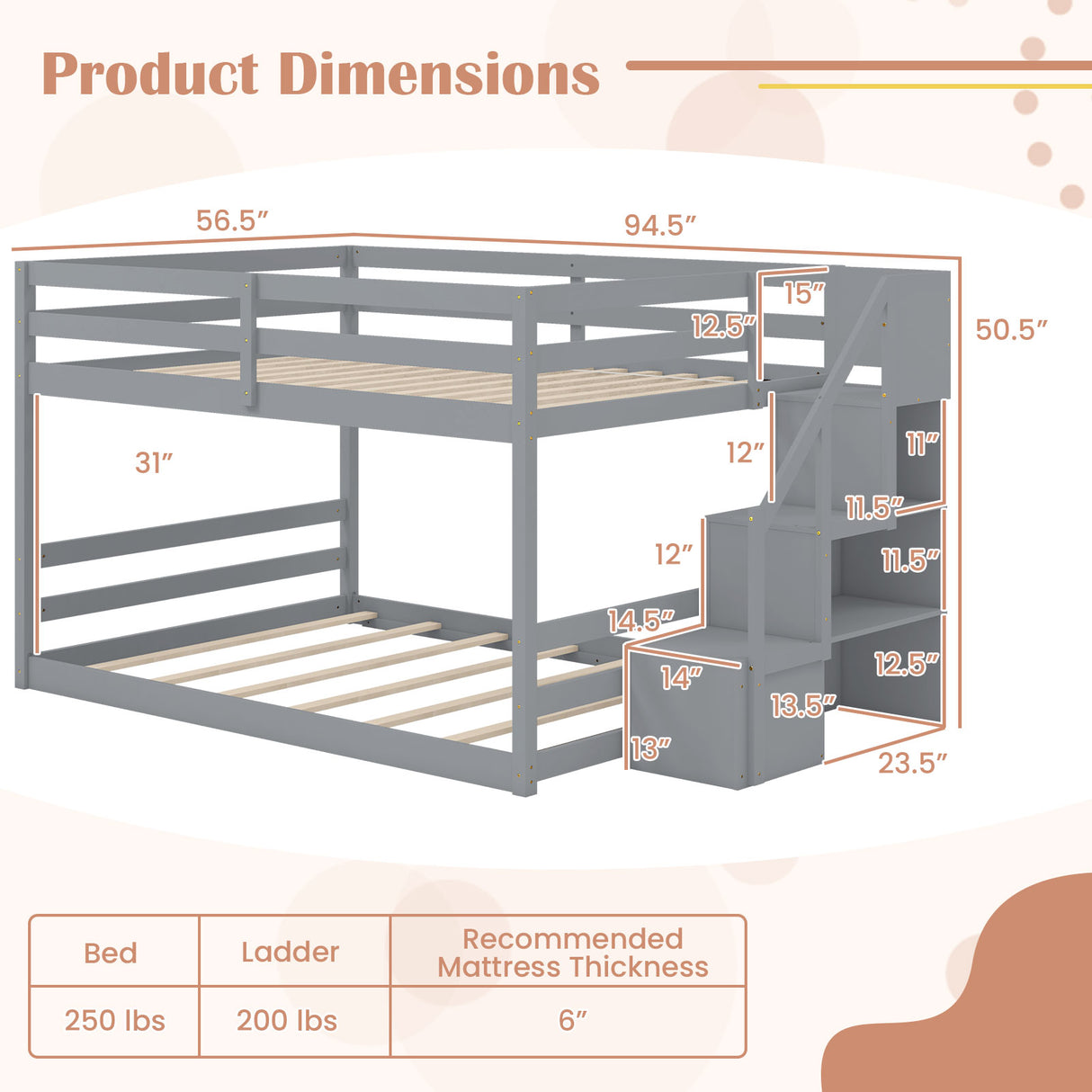 Solid Wood Full Over Full Low Bunk Bed with Storage Stairs