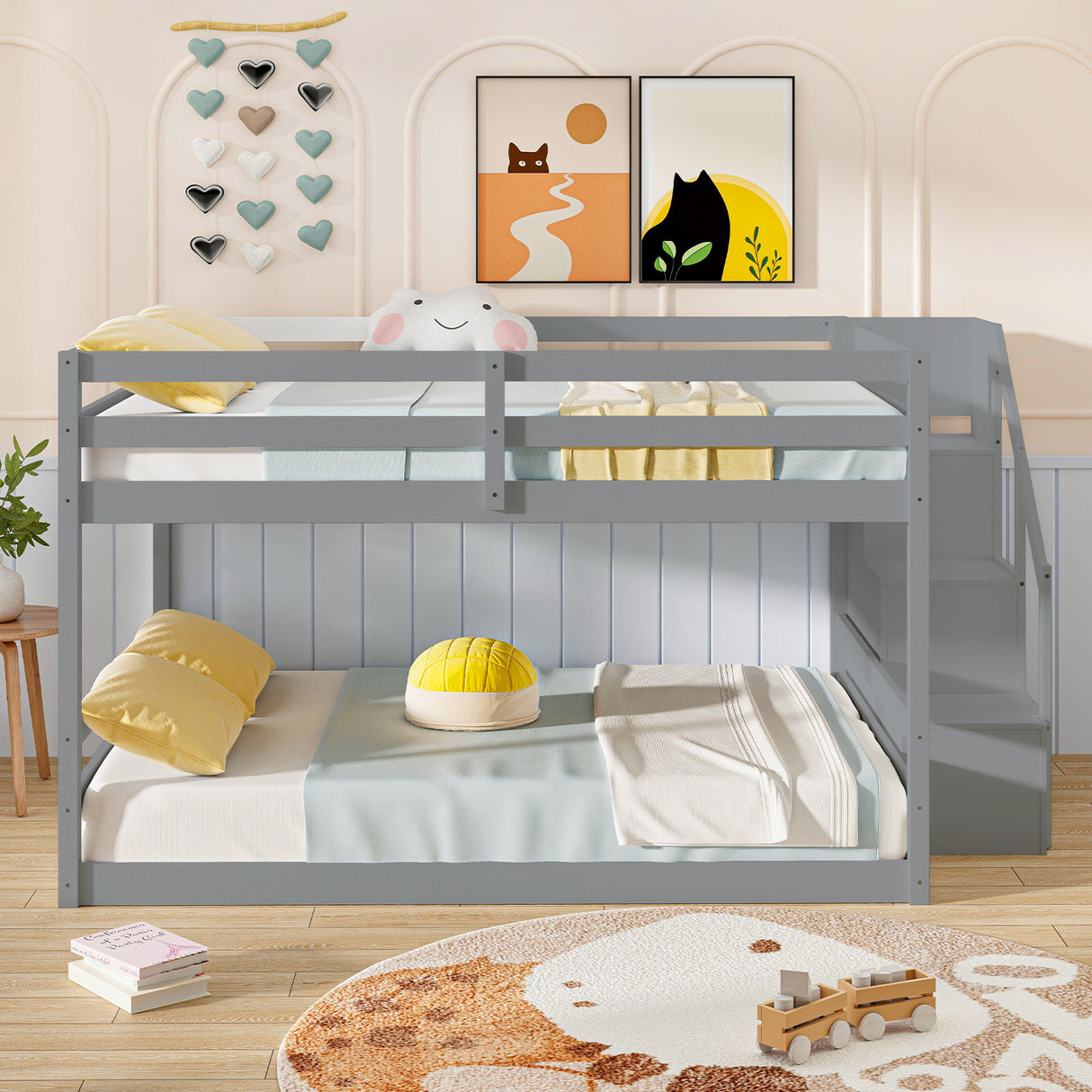 Solid Wood Full Over Full Low Bunk Bed with Storage Stairs