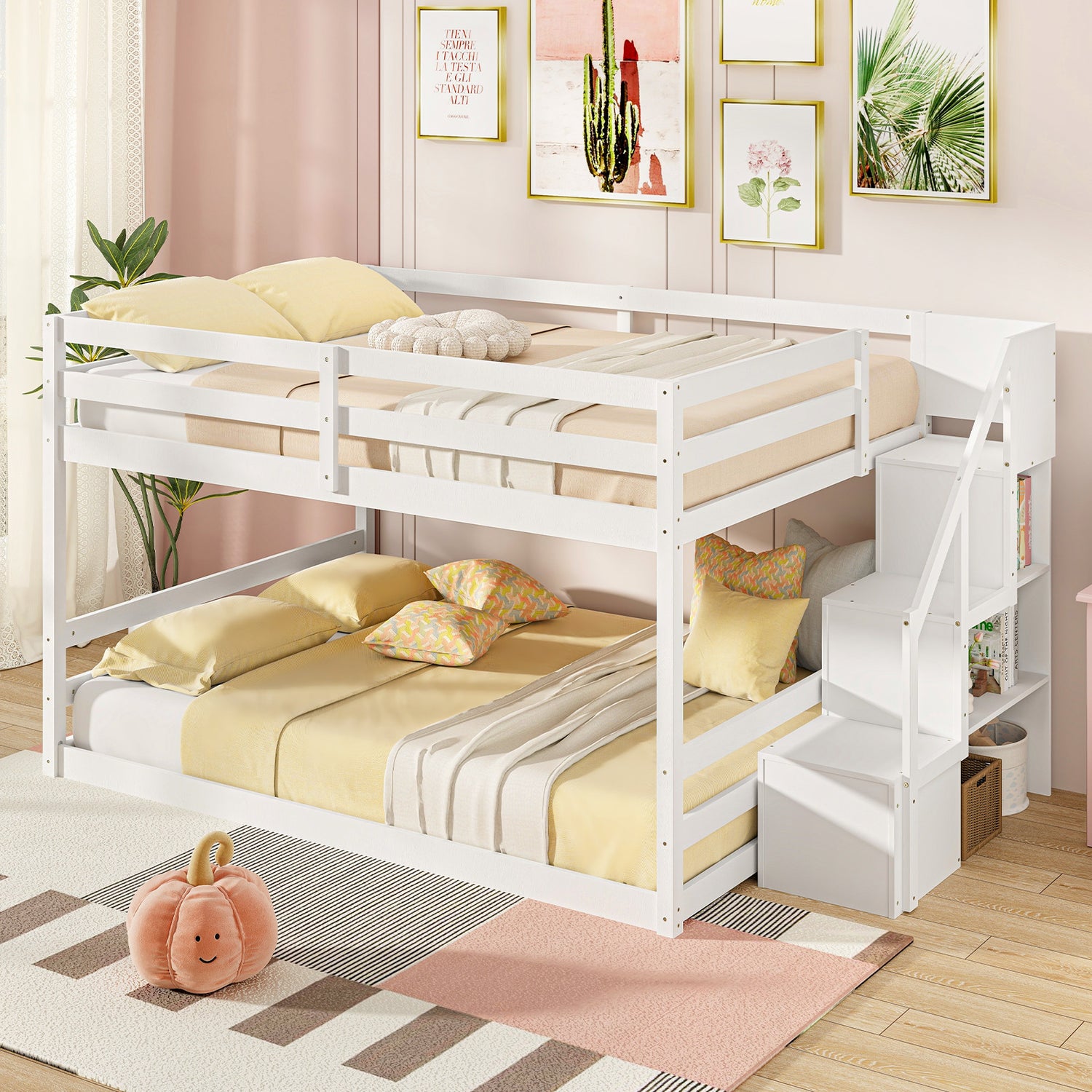 Solid Wood Full Over Full Low Bunk Bed with Storage Stairs