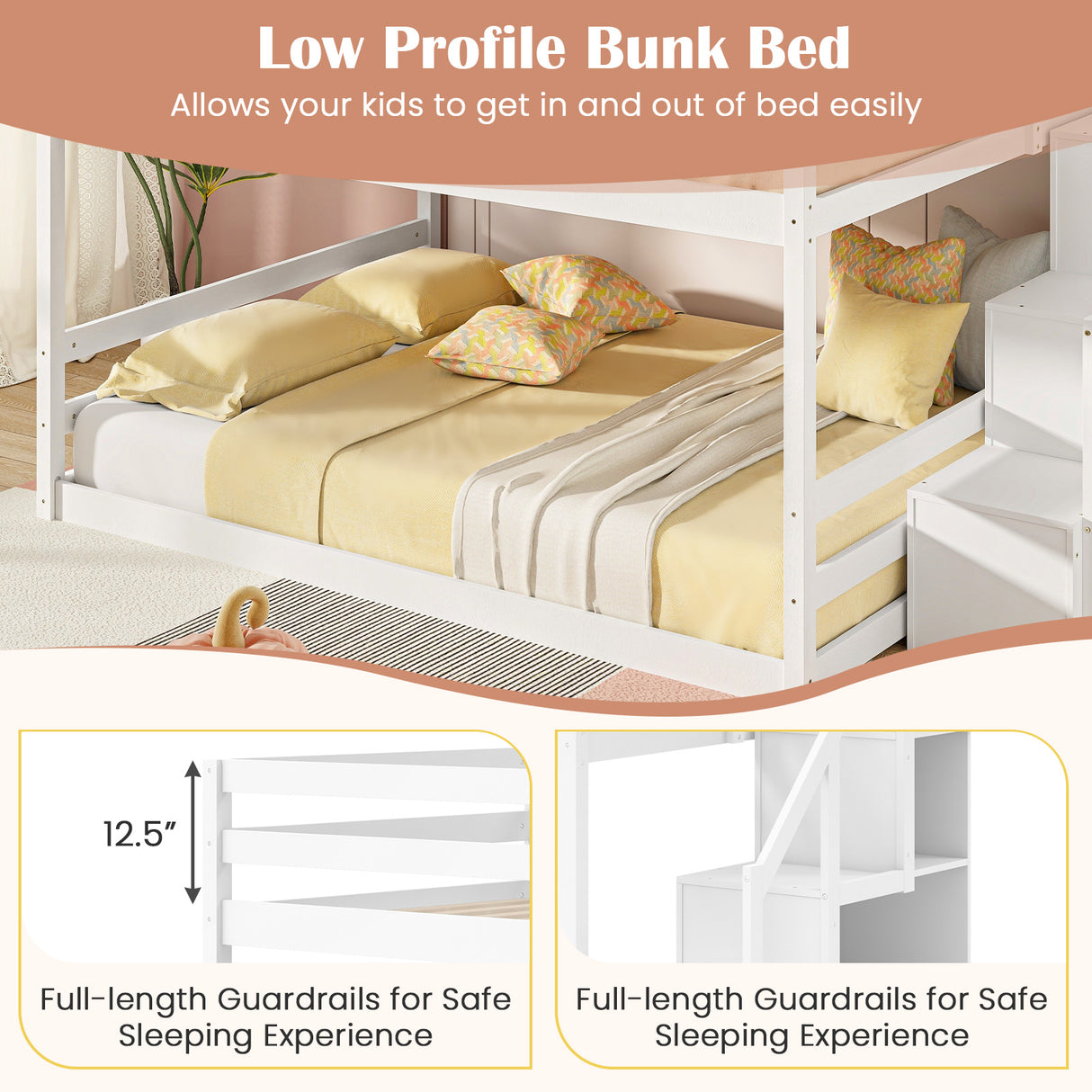 Solid Wood Full Over Full Low Bunk Bed with Storage Stairs