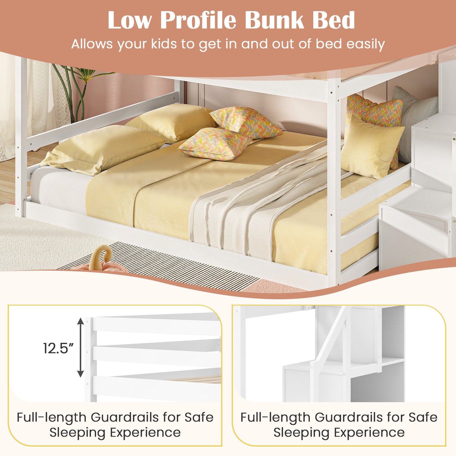 Solid Wood Full Over Full Low Bunk Bed with Storage Stairs