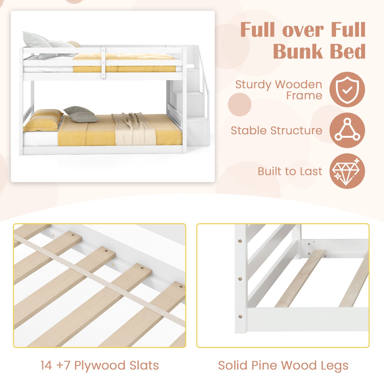 Solid Wood Full Over Full Low Bunk Bed with Storage Stairs