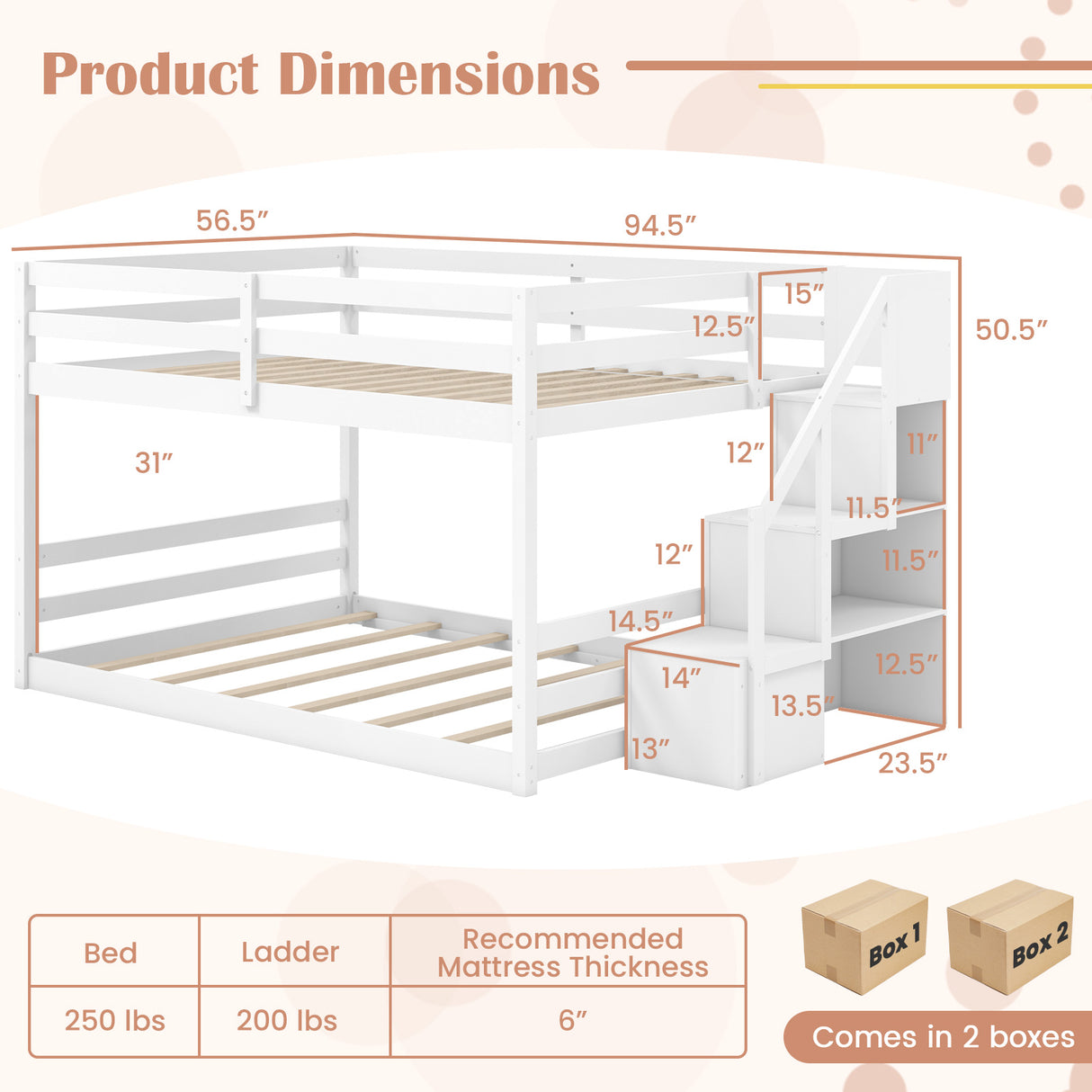 Solid Wood Full Over Full Low Bunk Bed with Storage Stairs