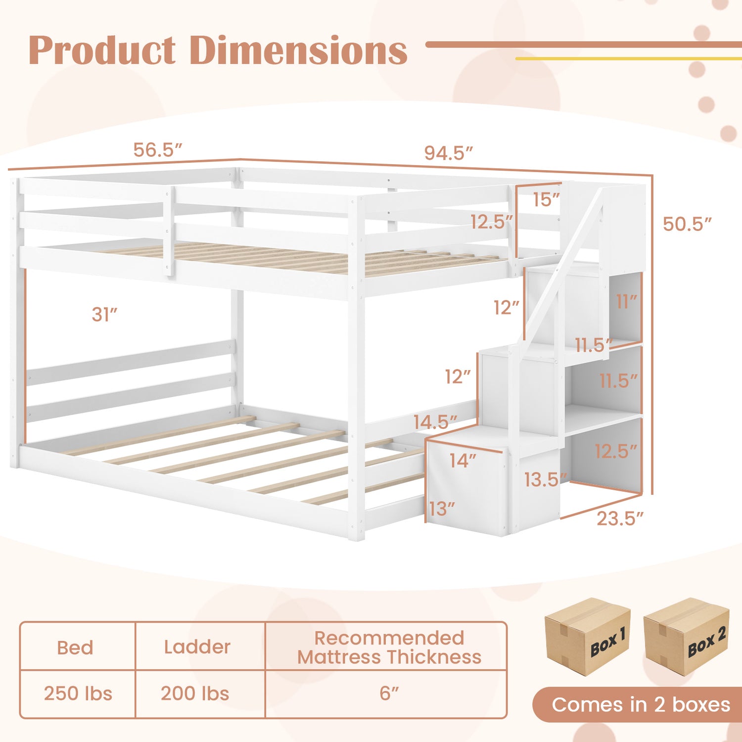 Solid Wood Full Over Full Low Bunk Bed with Storage Stairs