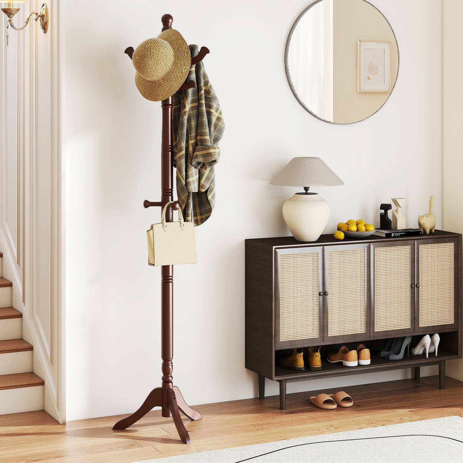 Solid Wood Hall Tree with 11 Hooks and 3 Height Options for Entryway