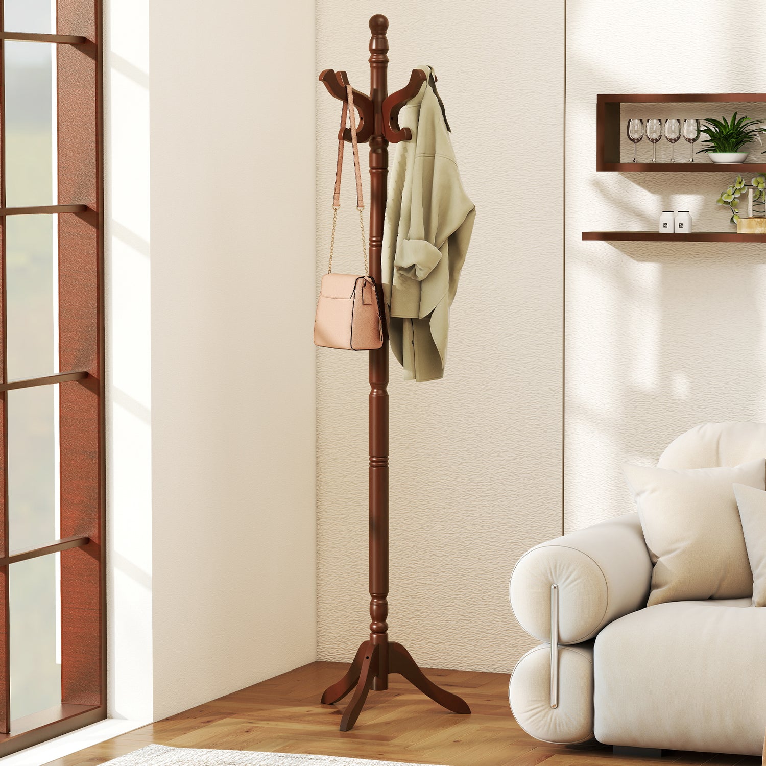 Solid Wood Hall Tree with 11 Hooks and 3 Height Options for Entryway