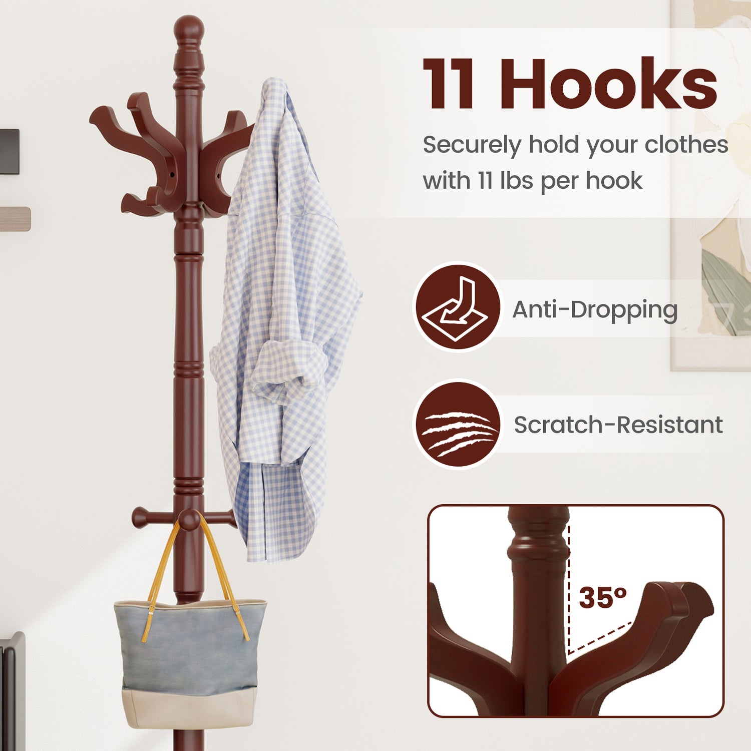 Solid Wood Hall Tree with 11 Hooks and 3 Height Options for Entryway