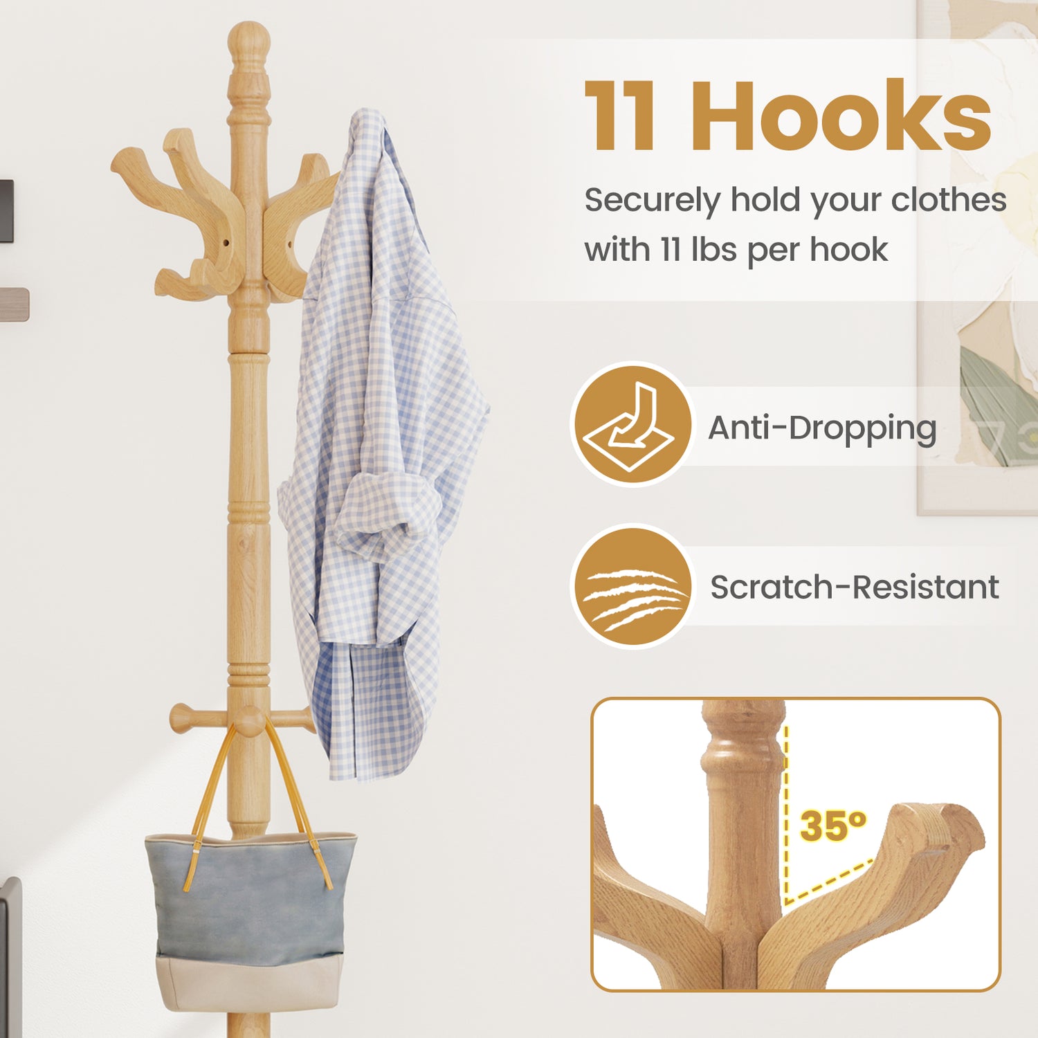 Solid Wood Hall Tree with 11 Hooks and 3 Height Options for Entryway